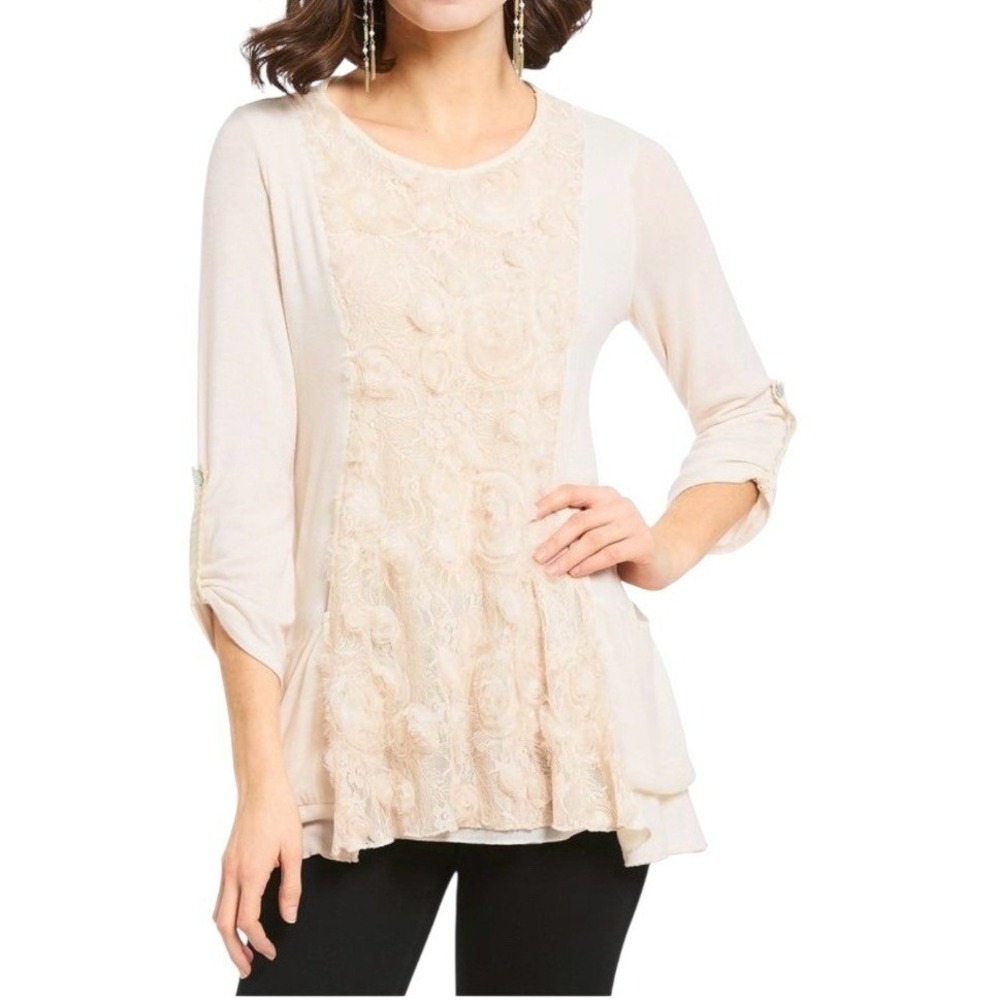 Ali Miles Tunic Top Womens Large Beige Lace Rosette 3/4 Sleeve Pockets